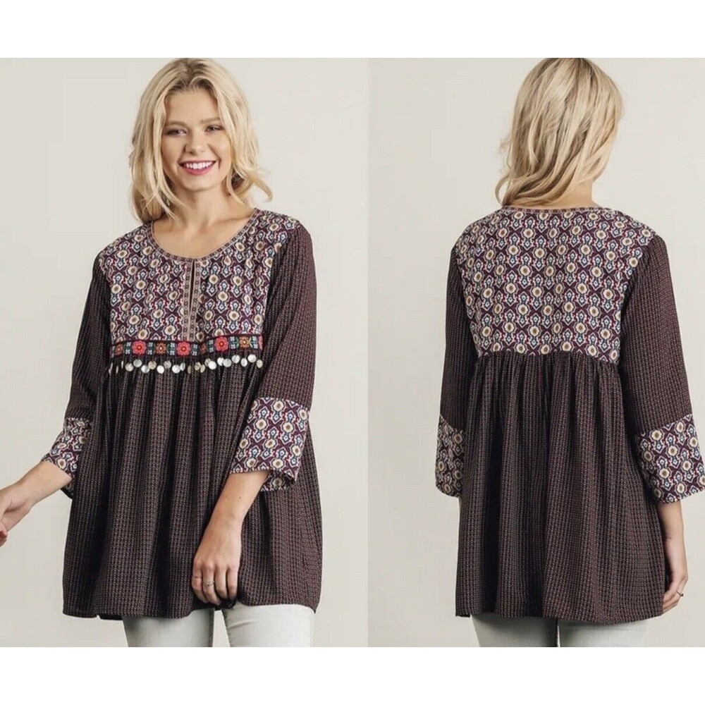 Umgee Burgundy Boho Print Tunic Trinket She’ll Trim Peasant Top Embroidered S